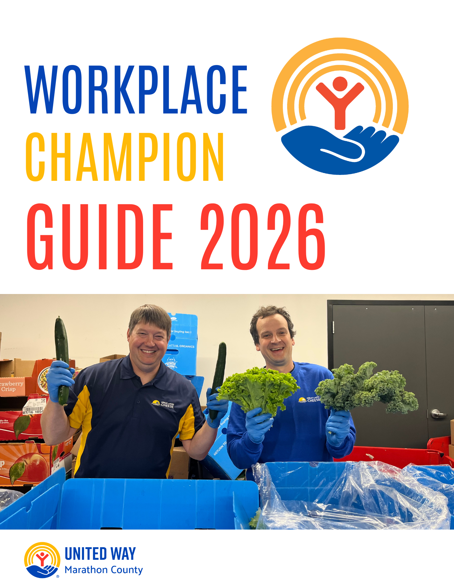Two people holding up produce