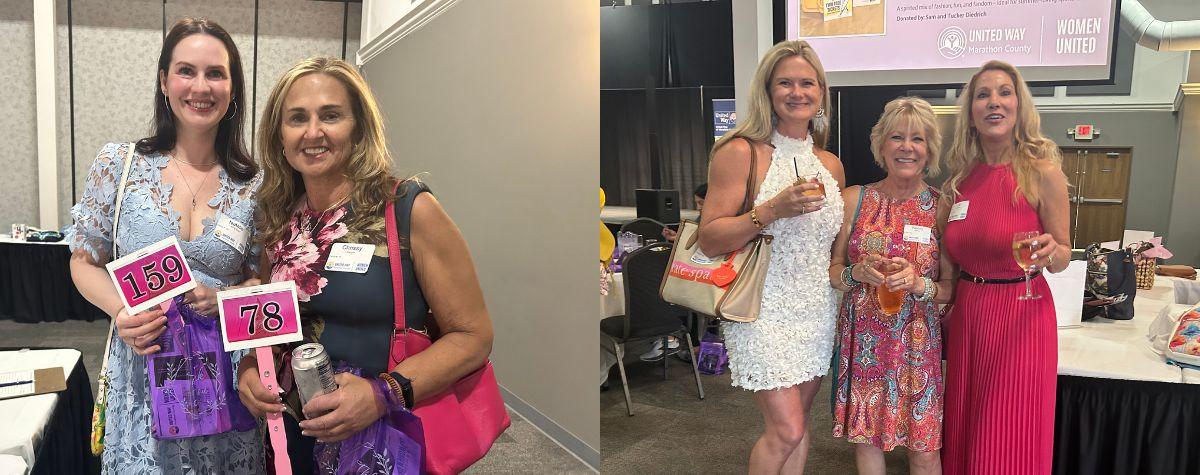 Women holding bidding paddles and drinks.